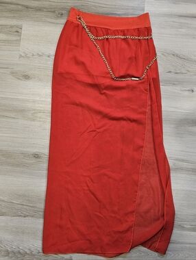 Sheer Red Maxi Skirt with With Under-shorts And Gold Chain Accent